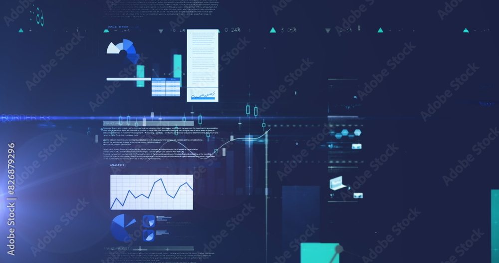 Aufkleber image of screens with statistical data processing against light spots on blue background