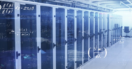 Image of mathematical equations floating against computer server room