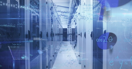 Image of data processing and mathematical equations against computer server room