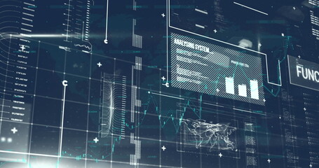 Image of data processing and shapes on blue background