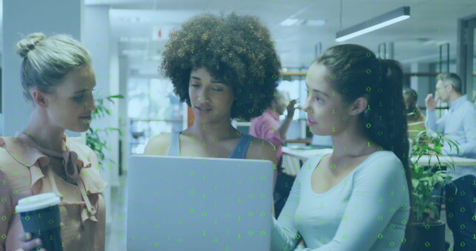 Image of binary coding data processing over diverse businesswomen working in office