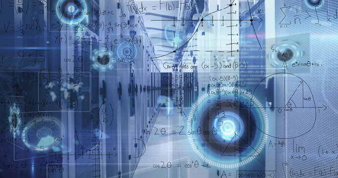 Image of round scanners, data processing and mathematical equations against computer server room - Powered by Adobe