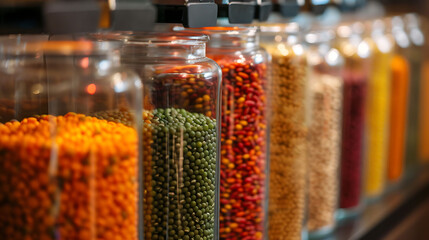 A row of sleek glass jars filled with colorful layers of dried beans and lentils, adding texture to the pantry
