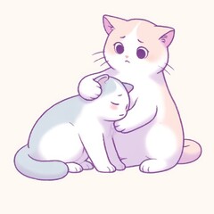 Fototapeta premium Two cute cartoon cats comforting each other. The larger cat has its paw on the smaller cat's back.