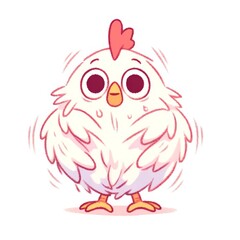 A cute cartoon chicken with big eyes and a fluffy body stands against a white background.