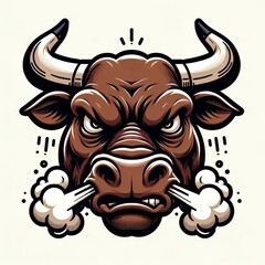 Angry bull head with steam coming from nostrils,  isolated on white background.