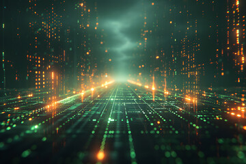 Obraz premium Abstract background displaying a futuristic digital grid pattern in shades of neon green and blue, with glowing lines and geometric shapes creating a high-tech and sci-fi aesthetic.