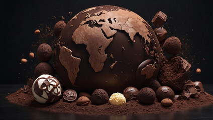 World chocolate day, A realistic depiction of Earth globe surrounded by chocolate pieces, truffles, and cocoa powder, on a dark background