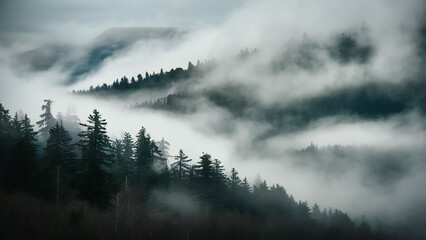 Fototapeta premium Enchanting Misty Forest: Towering Evergreens in a Blanket of Mist