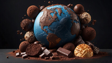 World chocolate day, A realistic depiction of Earth globe surrounded by chocolate pieces, truffles,...