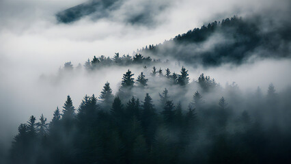 Enchanting Misty Forest: Towering Evergreens in a Blanket of Mist