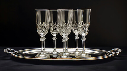 A set of elegant crystal champagne flutes arranged on a silver tray, ready to toast to a special occasion