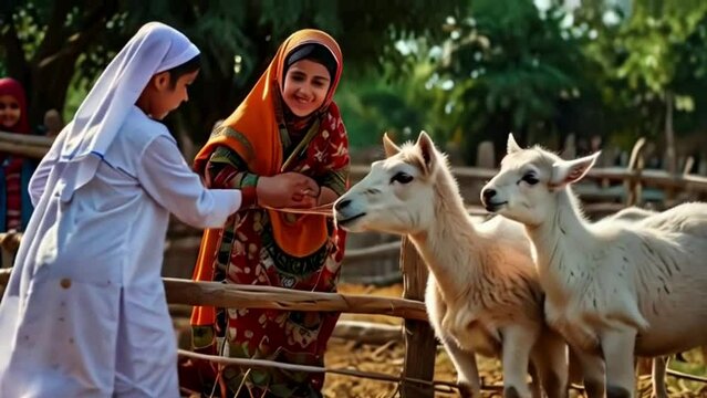An array of cute farm animals playfully interacting with children, dressed in festive attire, creating a scene of joy and innocence
