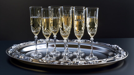 A set of elegant crystal champagne flutes arranged on a silver tray, ready to toast to a special occasion