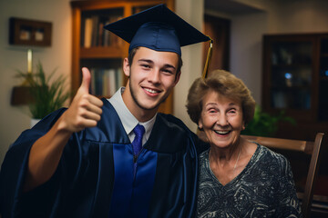 Fototapeta premium Young man in graduation cap and gown giving a thumbs up with his grandmother, both smiling proudly in a home setting, symbolizing academic achievement and family support