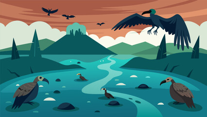Vultures circling above drawn to the rotting and contaminated remains of aquatic life in the coal ash waste ponds.. Vector illustration
