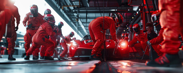An intense atmosphere surrounds the pit crew as they work diligently behind the scenes