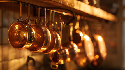 A set of polished copper measuring cups hanging from hooks, catching the light and adding warmth to the kitchen