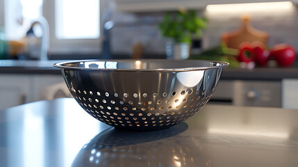 A sleek stainless steel colander sitting on the countertop, waiting to strain pasta or rinse fresh produce