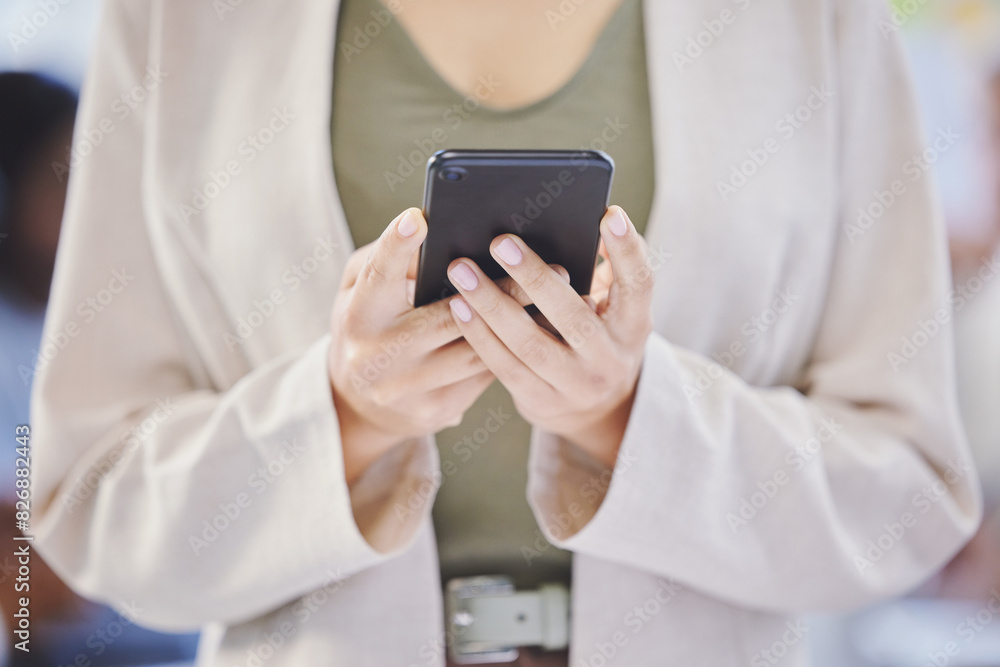 Poster email, hands and phone with business person closeup in office for communication or networking. app, 