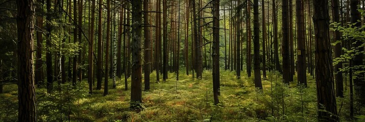 Realistic photography of coniferous forest. Abstract background of a northern forest