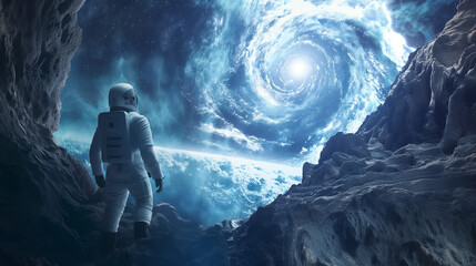 Obraz premium Astronaut Exploring Mysterious Space Cave with Spiral Galaxy Vortex