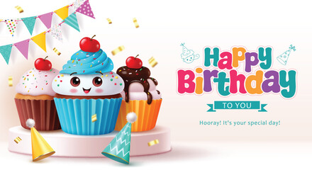 Happy birthday greeting vector design. Birthday cup cake character in podium stage with pennants elements for party decoration display presentation background. Vector illustration birthday greeting  © Zeinous