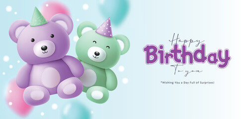 Happy birthday greeting vector design. Birthday greeting text with cute purple and green teddy bear in elegant simple background. Vector illustration birthday invitation card. 
