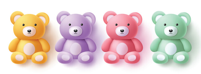 Teddy bear birthday elements vector set design. Birthday teddy bear fluffy toys cute element for kids party surprise present isolated in white background. Vector illustration teddy bear collection 