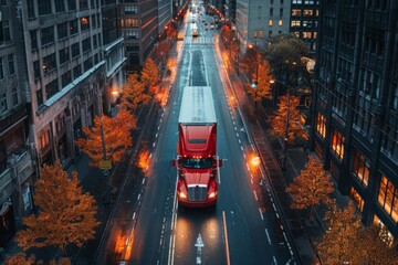 A red truck is driving along a city street in autumn, surrounded by orange trees