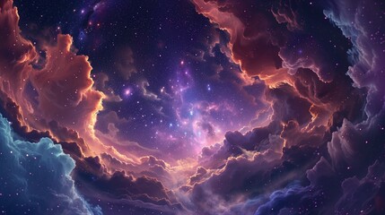 A stunning, starry night sky unfolds like a canvas, with swirling clouds of gas and dust forming a vibrant, three-dimensional landscape.