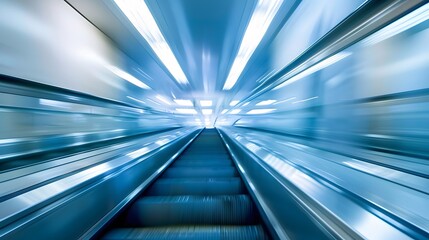 blurred background metro escalator / light blue background movement city infrastructure subway