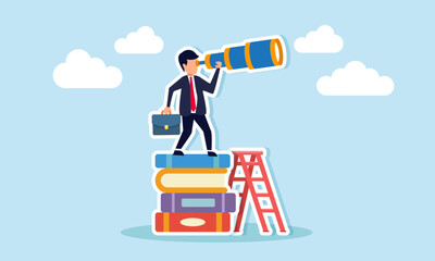 Career opportunities through business skills, education for future jobs, personal improvement, and reading lists, concept of Businessman climbing up a ladder on a stack of books for a better vision