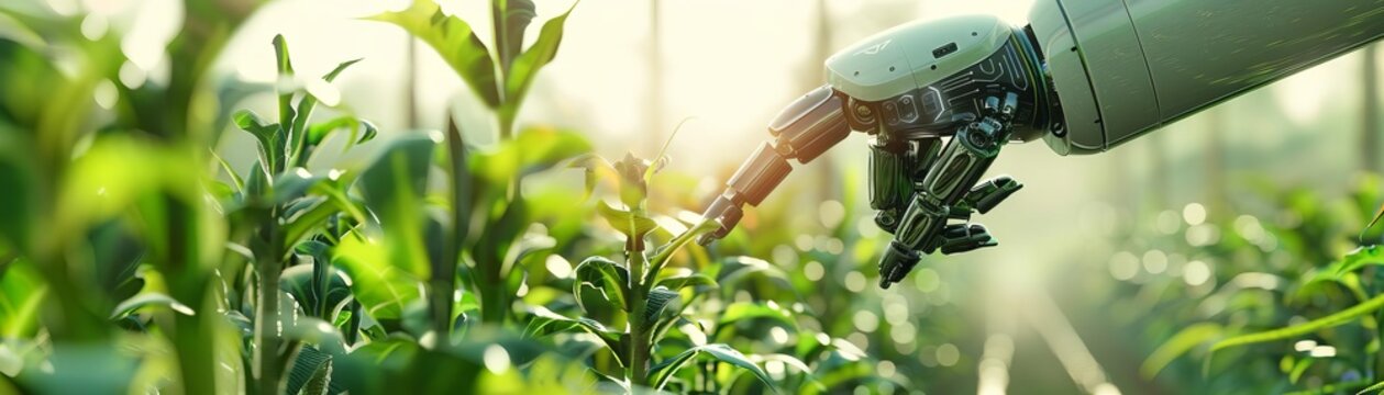 The backdrop of a sustainable farming operation showcases robotic helpers in action