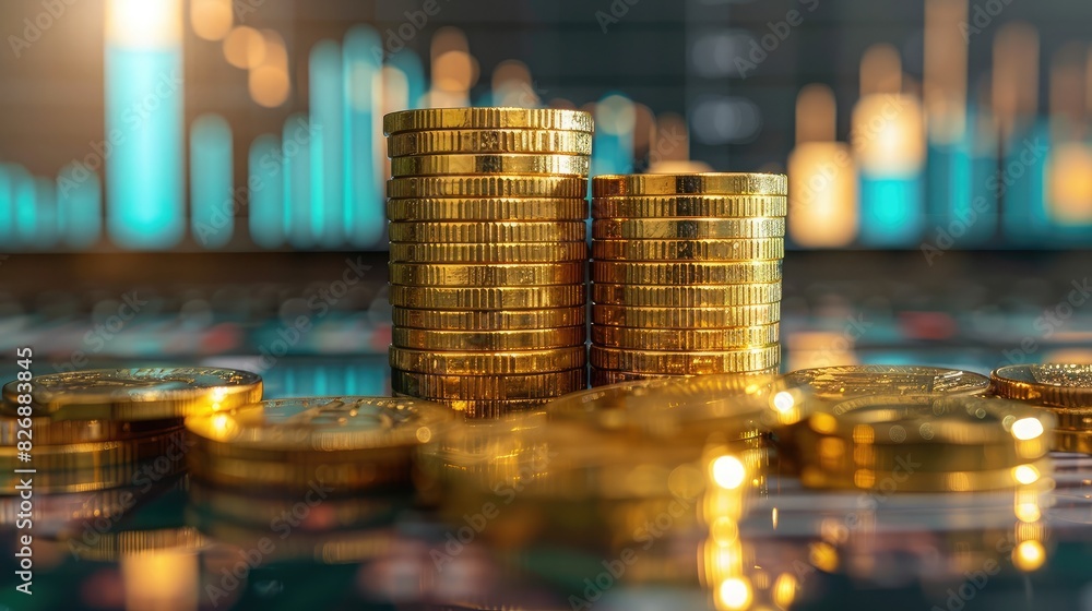Poster stack of gold coins with a background of transparent bar graphs, representing financial security and