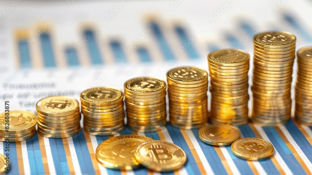Poster stack of gold coins with a background of transparent bar graphs, representing financial security and