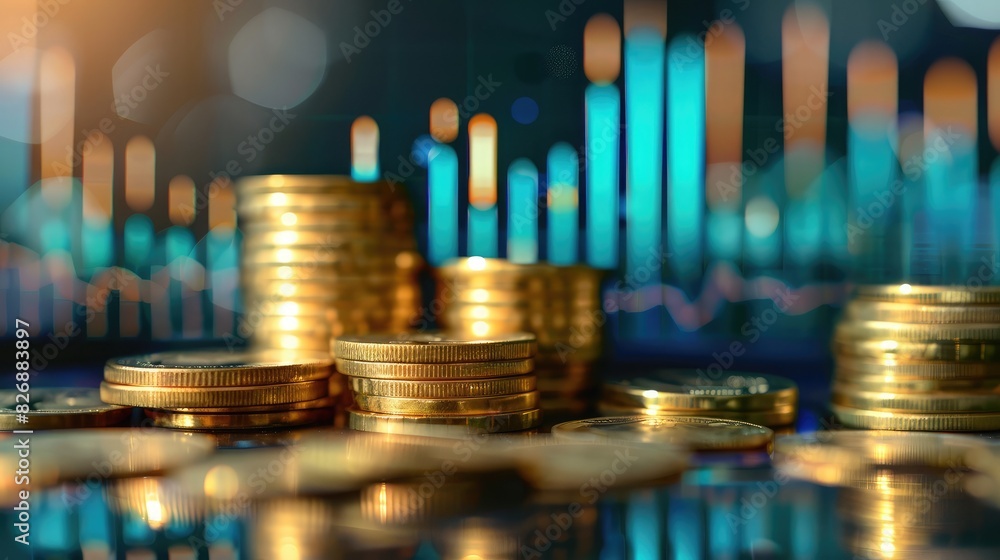 Poster stack of gold coins with a background of transparent bar graphs, representing financial security and