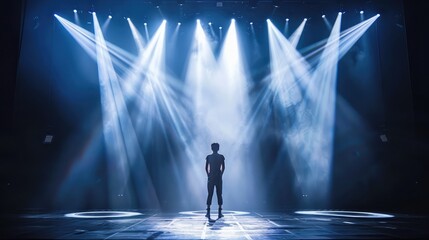 Spotlights shining down on a solo performer center stage, highlighting their captivating performance