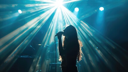 Spotlight on a singer belting out a song on stage, with rays of light extending outwards
