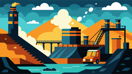 The rumble of engines mixed with the sounds of clinking metal and rushing water creating a symphony of industrial noise in the coal processing plant.. Vector illustration