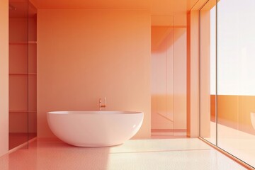 minimalist peach bathroom interior with glass wall, in a minimalistic style, focusing on minimalism, with a peach color palette, featuring a large 