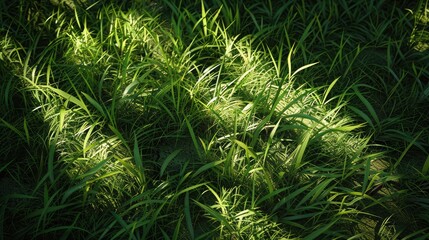 Sunlight casting shadows through blades of grass, creating a natural pattern on the ground
