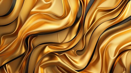 Luxurious golden background featuring flowing satin drapery and intricate black wavy lines, creating a sophisticated 3D abstract modern business wallpaper.