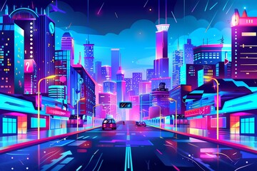 Citypop style flat design front view neon theme cartoon drawing vivid
