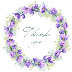 A card with a flower circle and the text Thank You, painted in watercolor. Thank you in the circle with purple snowdrops. Thank you card with botanical illustration, background