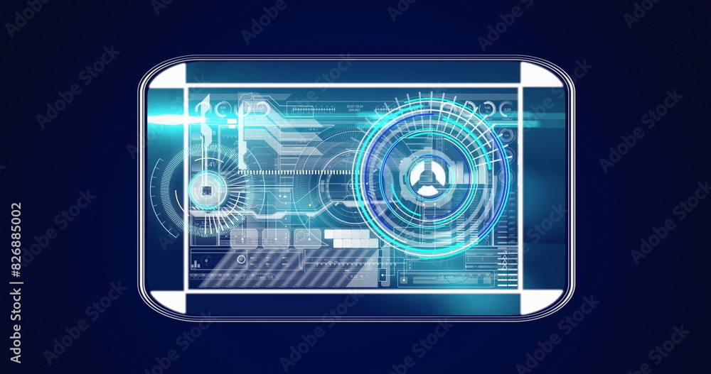 Poster image of interface with neon round scanner and data processing against blue background