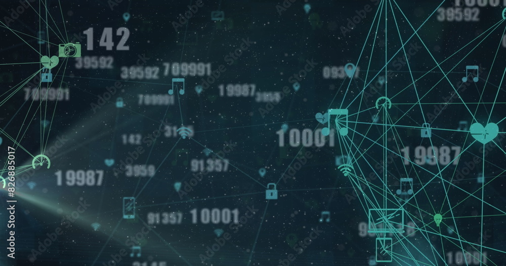 Poster image of multiple changing numbers over globe of digital icons spinning against blue background