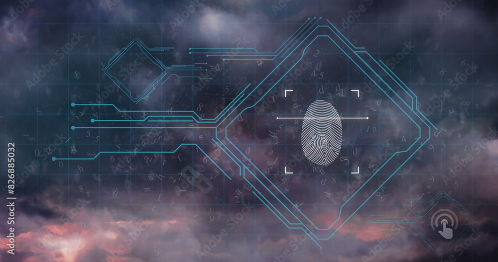 Poster image of data processing over computer circuit board and clouds