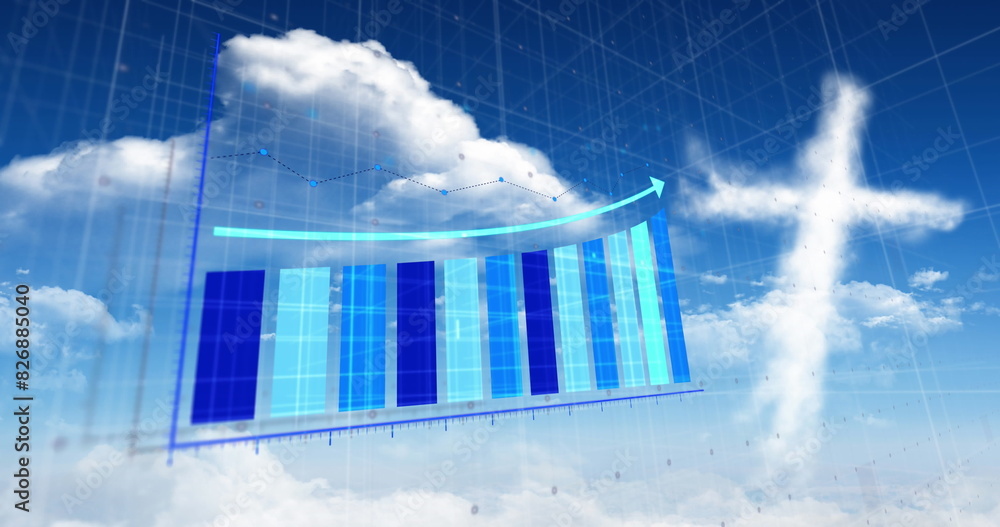 Poster image of statistical data processing over grid network against clouds in the blue sky