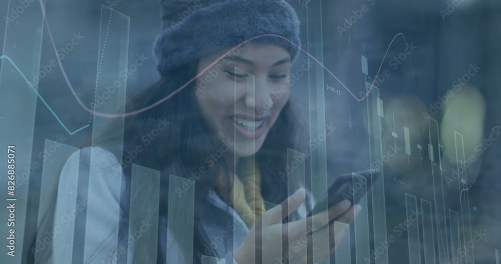 Poster image of multiple graphs with numbers over smiling asian woman talking on cellphone